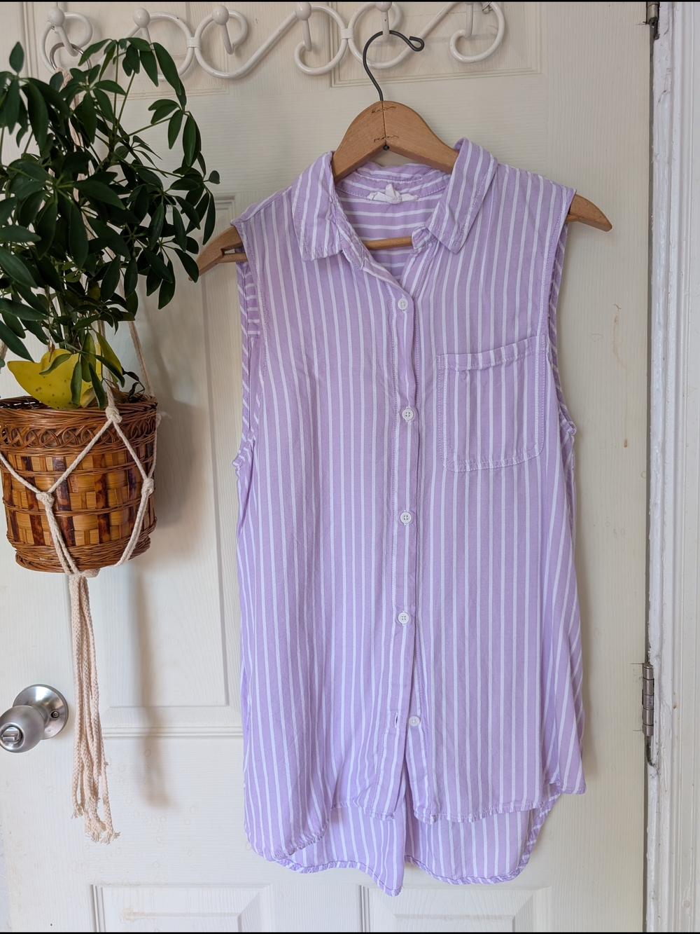 beachlunchlounge Lavender and White Striped Sleeveless Button Down Shirt